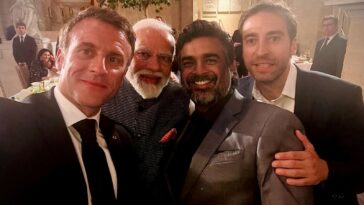 R Madhavan posa con el primer ministro Modi mientras el presidente francés hace clic en una selfie y les agradece por la 'increíble lección sobre la gracia y la humildad'