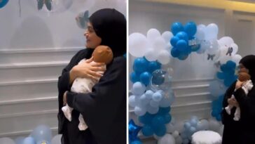 Sana Khan y el bebé reciben una gran bienvenida en casa con una linda decoración de globos azules y blancos.  Mirar