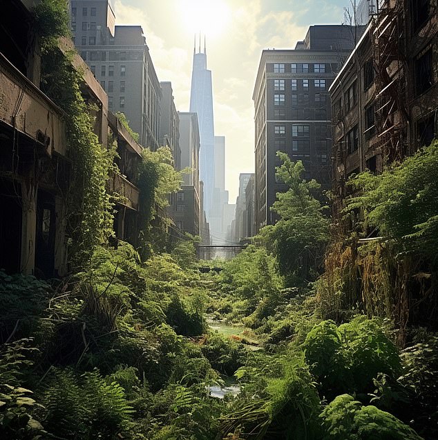 ChatGPT escribe: 'En el año 2123, la alguna vez próspera metrópolis de Chicago se erige como un testimonio inquietante del paso del tiempo y la resistencia de la naturaleza.