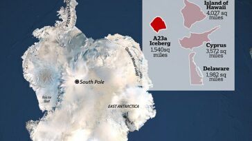 Llamado A23a, el bloque de hielo tiene alrededor de 1.540 millas cuadradas de área, más del doble del tamaño del Gran Londres (607 millas cuadradas), y la friolera de 1.312 pies de espesor.