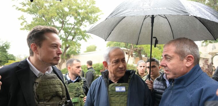 Elon Musk and Benjamin Netanyahu at Kfar Aza credit: GOP Amos Ben Gershom