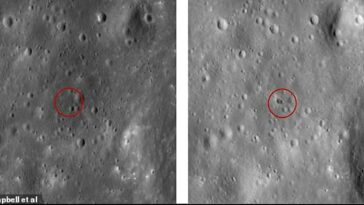 La superficie de la luna antes del impacto (izquierda) y después (derecha).  Los científicos dicen que lo que formó el doble cráter probablemente pesaba aproximadamente lo mismo en ambos extremos.