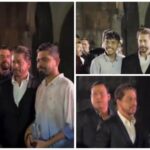 Shah Rukh Khan asiste al evento para honrar a los héroes del 26/11 en la Puerta de la India e interactúa con Sharad Kelkar.  Mirar