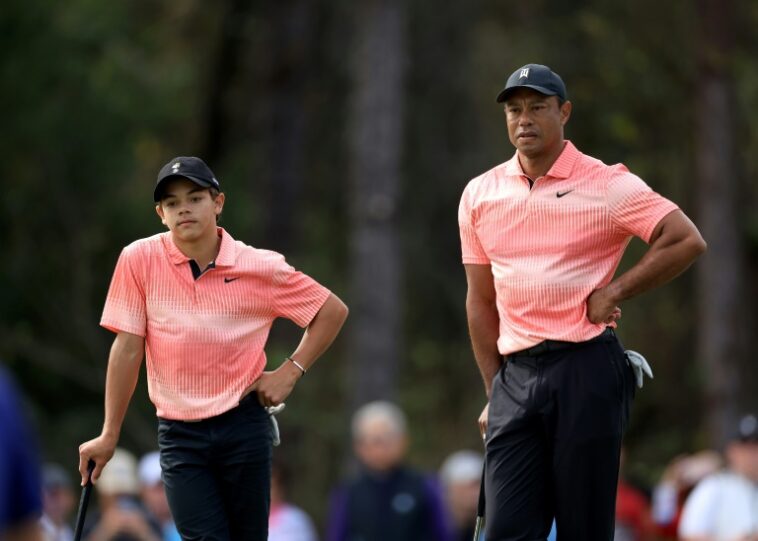Tiger Woods, right, and his teen son Charlie, left, will compete in next month