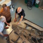 Sir David Attenborough con los expertos en fósiles Steve Etches y Chris Moore examinando el cráneo del pliosaurio en el taller del Museo de la Colección Etches