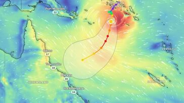 La trayectoria del ciclón Jasper, actualmente sobre las Islas Salomón, según lo pronosticado por los modelos meteorológicos;  Es probable que el sistema llegue a la costa de Queensland cerca de Mackay a principios de la próxima semana.