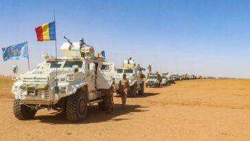 Chadian Soldiers with the United Nations Multidimensional Integrated Stabilisation Mission in Mali in the process of withdrawing from their bases in Tessalit and Aguelok in the North of Mali, at the end of October 2023. (Photo by MINUSMA / AFP)
