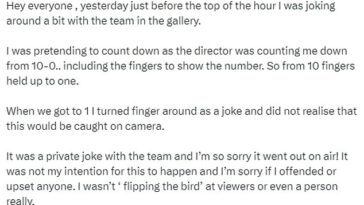 La presentadora de la BBC SE DISCULPA después de que la pillaran señalando con el dedo medio a la cámara en directo en una 'broma privada con el equipo'