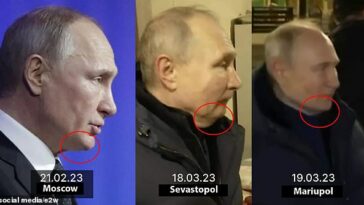 La barbilla de Vladimir Putin fotografiada (de izquierda a derecha) el 21 de febrero de 2023 en Moscú durante el discurso ante la Asamblea Federal;  el 18 de marzo de 2023 durante su visita a Sebastopol, y el 19 de marzo de 2023 durante su visita a Mariupol.  El funcionario de Kiev, Anton Gerashchenko, publicó las imágenes y cuestionó si pertenecían al mismo hombre.