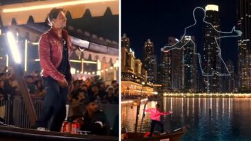 Shah Rukh Khan observa cómo los drones iluminan el cielo de Dubai con su pose característica antes del lanzamiento de Dunki.  ver fotos