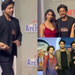 Shah Rukh Khan usa una camiseta de Archies en el estreno de la película con Gauri, AbRam, Aryan;  Suhana Khan luce impresionante en rojo