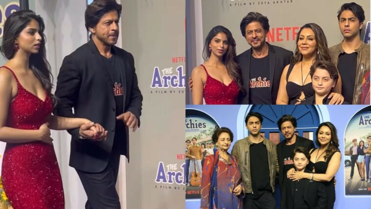 Shah Rukh Khan usa una camiseta de Archies en el estreno de la película con Gauri, AbRam, Aryan;  Suhana Khan luce impresionante en rojo