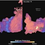 Estas imágenes de satélite muestran cómo el intenso calor de los flujos de lava de la erupción (derecha) contrasta marcadamente con el clima frío antes de la explosión (izquierda).