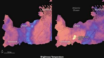 Estas imágenes de satélite muestran cómo el intenso calor de los flujos de lava de la erupción (derecha) contrasta marcadamente con el clima frío antes de la explosión (izquierda).