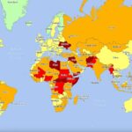 RIESGO DE SEGURIDAD: Este mapa muestra los países clasificados según los riesgos de seguridad, con insignificante marcado en verde, bajo en amarillo, medio en naranja, alto en rojo y extremo en morado oscuro.