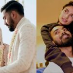 Athiya Shetty reacciona cuando su padre Suniel Shetty y su hermano Ahan Shetty les desean a ella y a KL Rahul en su primer aniversario de bodas.