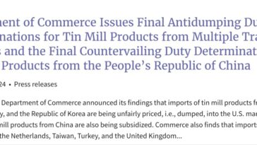 U.S. finalizes antidumping duties on tin mill product imports from S. Korea, China, Canada, Germany