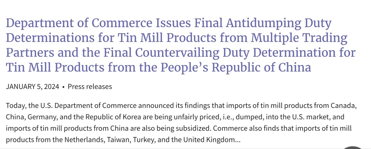 U.S. finalizes antidumping duties on tin mill product imports from S. Korea, China, Canada, Germany