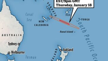 Alrededor de las 4 p. m. EST (9 p. m. GMT) del jueves, la nave llegará a una región deshabitada en el Océano Pacífico Sur, a unas 400 millas al sur de Fiji.  Este mapa muestra el área de reentrada con el círculo naranja que ofrece un 99 por ciento de certeza de dónde impactará, mientras que el círculo rojo ofrece un 68 por ciento de certeza de dónde impactará.