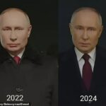 Putin mientras se dirigía a la nación (derecha), alimentando rumores de que había sido reemplazado por un doble