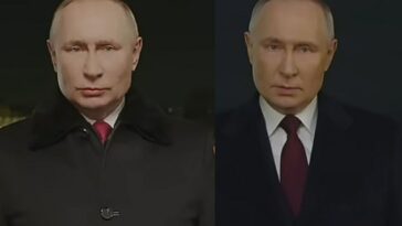 Putin mientras se dirigía a la nación (derecha), alimentando rumores de que había sido reemplazado por un doble