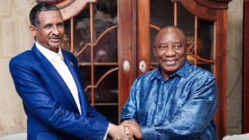 The leader of the Sudanese rebel group, the Rapid Support Forces, Mohamed Hamdan "Hemedti" Dagalo with President Cyril Ramaphosa in Pretoria.
