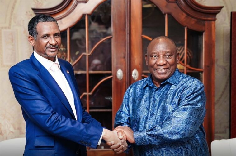 The leader of the Sudanese rebel group, the Rapid Support Forces, Mohamed Hamdan "Hemedti" Dagalo with President Cyril Ramaphosa in Pretoria.