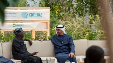Nigeria's Bola Ahmed Tinubu meets with President of the United Arab Emirates Sheikh Mohamed bin Zayed Al Nahyan on the sidelines of COP28 in December 2023, a summit for which Nigeria fielded a 1 400 delegates. (Photo by Ryan CARTER / UAE PRESIDENTIAL COURT / AFP)