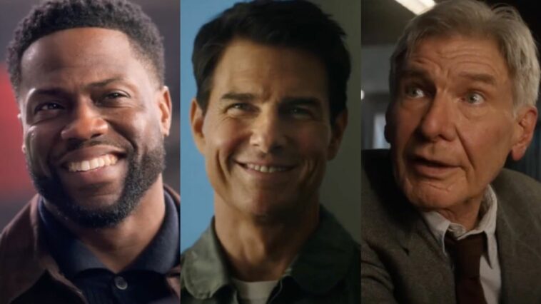 Kevin Hart in Lift/Tom Cruise in Top Gun: Maverick/ Harrison Ford in Indiana Jones and the Dial of Destiny (side by side)