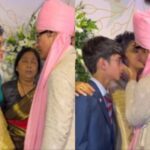 La ex esposa de Aamir Khan, Kiran Rao, sonríe mientras él la saluda con un beso en la boda de su hija Ira Khan con Nupur Shikhare.