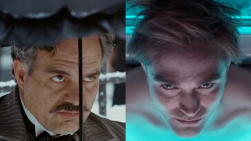 Mark Ruffalo staring menacingly in Poor Things and Robert Pattinson lying in a machine in Mickey 17, picture side by side.