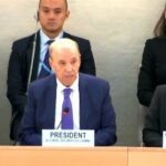 The newly elected president of the UN Human Rights Council, Ambassador Omar Zniber (centre), of Morocco.