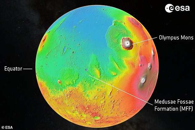 El hielo de agua está debajo de la superficie en la Formación Medusae Fossae, una gran formación geológica de origen volcánico cerca del ecuador de Marte.