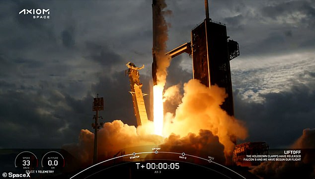 El cohete Falcon 9, mostrado cinco segundos después del despegue.  Esta misión es la tercera de Axiom Space, pero la primera que fue financiada por agencias espaciales internacionales.