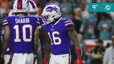 Buffalo Bills wide receiver Trent Sherfield (16) celebrates with teammates against the Miami Dolphins during the second quarter at Hard Rock Stadium.