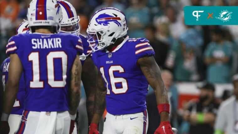 Buffalo Bills wide receiver Trent Sherfield (16) celebrates with teammates against the Miami Dolphins during the second quarter at Hard Rock Stadium.