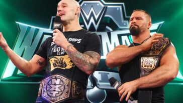 Baron Corbin inserta el nombre de su equipo en la imagen del título de parejas indiscutibles de la WWE en WrestleMania 40