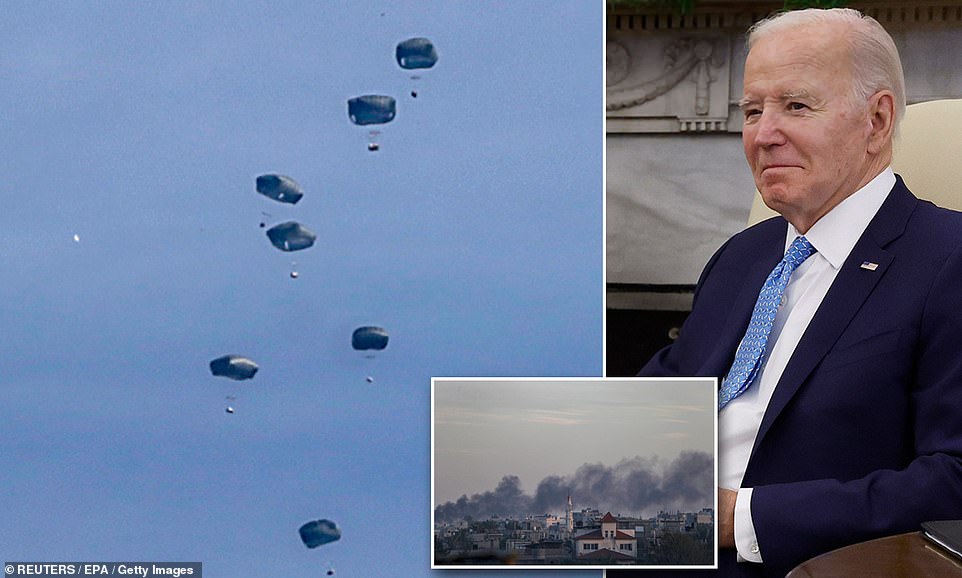 El presidente Joe Biden dijo que Estados Unidos comenzará a enviar ayuda humanitaria por aire a Ucrania antes de corregirse y decir que iría a la franja de Gaza.  El anuncio se produce un día después de que las fuerzas israelíes mataran a cientos de palestinos en su prisa por conseguir alimentos de un convoy de asistencia.