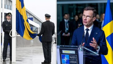La bandera de Suecia fue izada en la sede de la OTAN el lunes 11 de marzo de 2024, en una ceremonia en la sede de la OTAN en un nuevo golpe a Putin dos años después de la invasión a gran escala de Ucrania por parte de Rusia.  La medida ha consolidado el lugar de Suecia como el miembro número 32 de la alianza después de que se viera obligada a buscar seguridad bajo el paraguas de seguridad de la alianza.