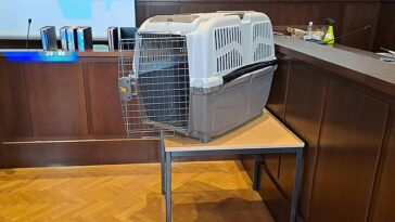 Una jaula para perros exhibida en una sala del tribunal al comienzo de un juicio con jurado de tres días.  La madre fue declarada culpable el jueves de todos los cargos, incluido intento de asesinato, en un tribunal de Krems, en el noreste de Austria.