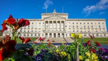 Se muestran flores creciendo frente a los edificios del Parlamento, sede de la Asamblea de Irlanda del Norte, en Stormont el 30 de enero de 2024.