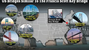 Siete puentes del tamaño y alcance del ahora derrumbado puente Francis Scott Key de Baltimore son vulnerables a una futura tragedia similar, según los últimos datos de la Administración Federal de Carreteras de Estados Unidos.  Los siete (en la foto de arriba) son más antiguos que el puente Key.