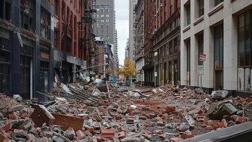 Esta imagen generada por IA muestra lo que podría suceder si un terremoto de magnitud 7,4 sacudiera Manhattan.  Para que tal evento ocurra, tendría que ocurrir un terremoto en la Cordillera del Atlántico Medio.