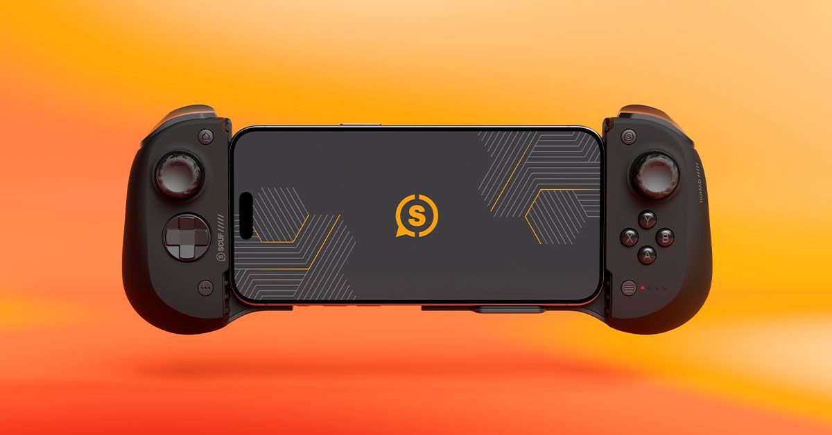 The Scuf Nomad controller with an iPhone clamped into its center, on an orange background.