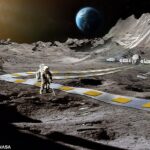 La NASA quiere construir un ferrocarril en la luna que utilice robots flotantes para transportar materiales a lo largo de una vía flexible (representación artística, en la foto).  Esta pista contendría componentes para levantar magnéticamente los robots y empujarlos mediante propulsión electromagnética.
