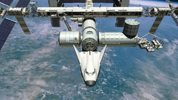 El avión espacial Dream Chaser llevará personas y carga a la órbita terrestre baja.  La representación del artista muestra cómo se verá Dream Chaser mientras esté atracado en la Estación Espacial Internacional (ISS)