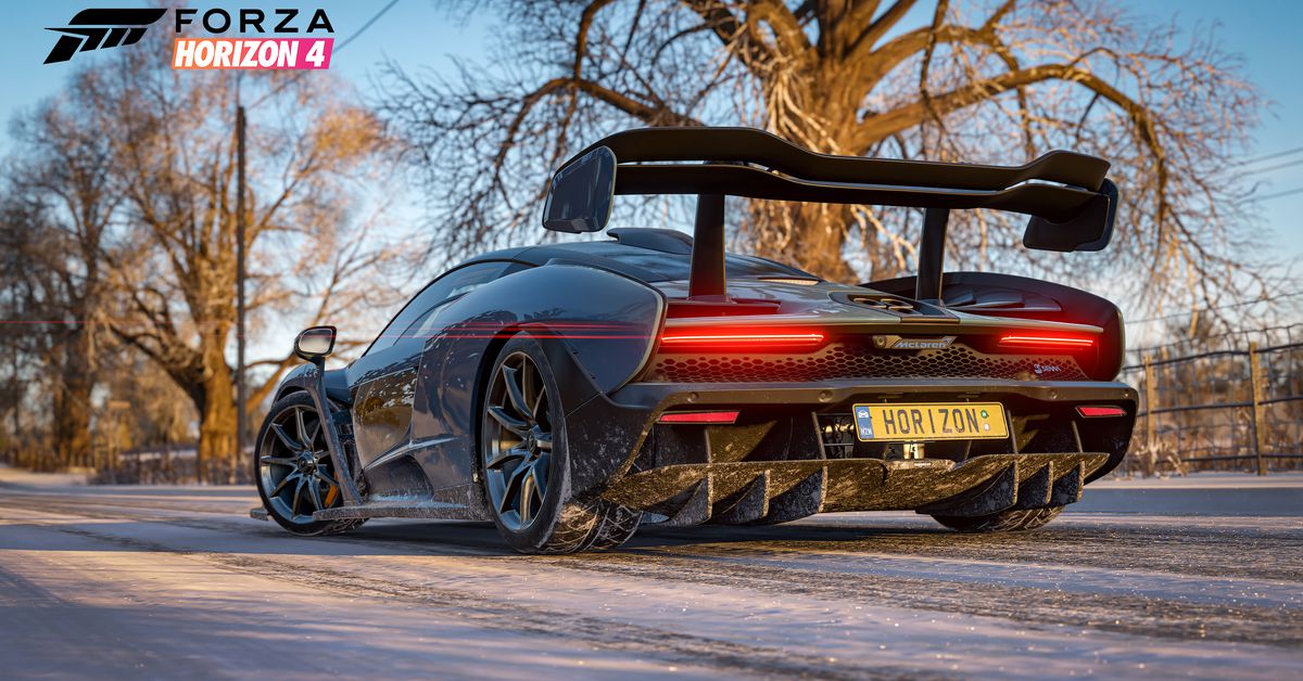 An in-game McLaren Senna supercar from the game Forza Horizon 4.