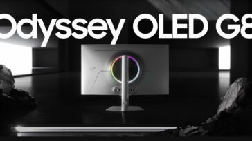 The Samsung Odyssey OLED G8 against a white background, seen from the front.