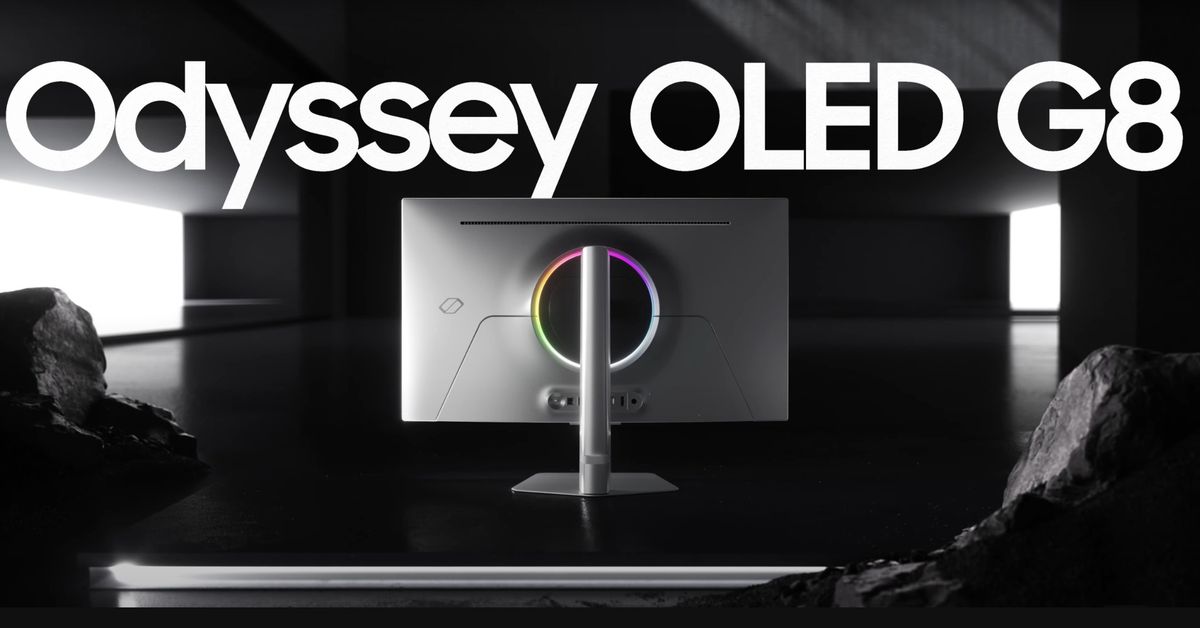 The Samsung Odyssey OLED G8 against a white background, seen from the front.