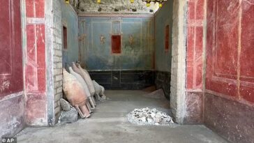 Los arqueólogos excavando entre las cenizas que cubrían la antigua ciudad de Pompeya han descubierto una habitación pintada de azul, que rara vez se ve entre las ruinas.